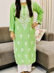 Saunf Green Evana Rayon Chikankari Handwork Women's Solid Long Straight Kurta