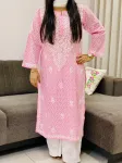 Baby Pink Aadita Cotton Chikankari Hand Embroidered Women's Floral Long Kurta