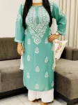 Army Green Niya Premium Modal Chikankari Hand Embroidered Solid Women's Long Kurta
