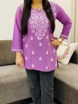 Mauve Ekra Cotton Chikankari Hand Embroidered Solid Women's Short Kurta