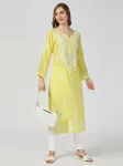 Yellow Aadita Cotton Chikankari Hand Embroidered Women's Floral Long Kurta