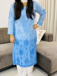 Powder Blue Butta Jaal Chanderi Silk Chikankari Hand Embroidered Women's Solid Long Kurta