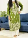 mahendi Daman Jaal Premium Modal Cotton Chiknakari Hand Embroidered Women's Solid Long Kurta