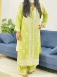 Pista Green Anaisha Rayon Chikankari Hand Embroidered Women's Solid Kurta Palazzo Set