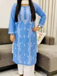 Powder Blue Ahana Cotton Chikankari Women's Solid Long Kurta