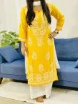 Mango Yellow Azar Premium Modal Chikankari Hand Embroidered Women's Solid Long Kurta