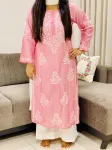 Pink Rida Premium Chanderi Chikankari Hand Embroidered Women's Solid Long Kurta