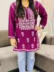 Wine isha Rayon Chikankari Handwork Solid Women's Short Kurta