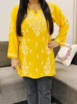 Mango Yellow Ayat Chikankari Handwork Women's Modal Short Kurta
