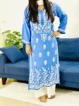 Powder Blue Daman Jaal Premium Modal Cotton Chiknakari Hand Embroidered Women's Solid Long Kurta