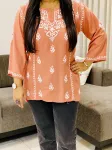 Peach Isha Rayon Chikankari Hand Embroidered Solid Women's Short Top