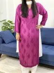 Brinjal 3D Muslin Silk Chikankari Handwork Ombre Women's Long Kurti