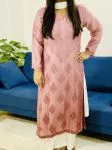 Brown 3D Muslin Silk Chikankari Handwork Ombre Women's Long Kurti