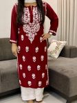 Maroon Evana Rayon Chikankari Handwork Women's Solid Long Straight Kurta