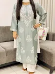 Grey Rida Premium Chanderi Chikankari Hand Embroidered Women's Solid Long Kurta