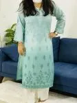 English Green Murraya Chanderi Silk Chikankari Hand Embroidered Women's Solid Long Kurta