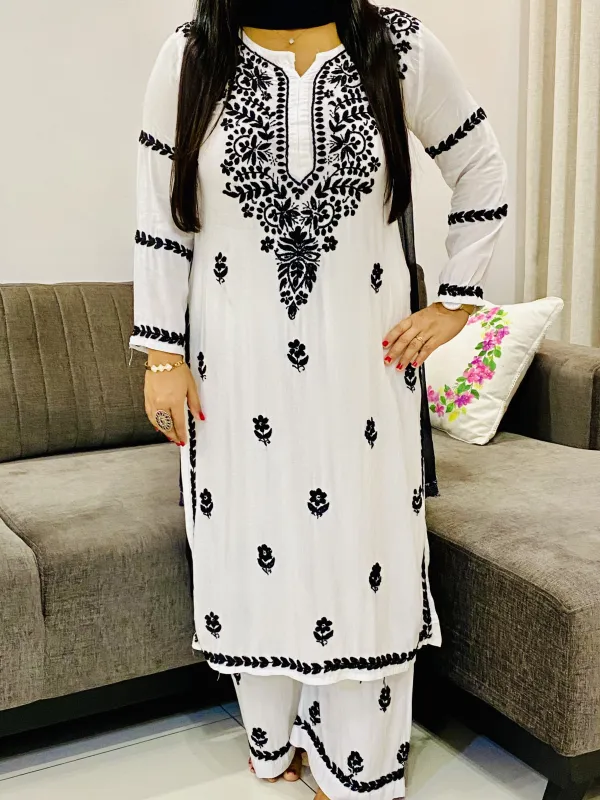Rayon Chikankari Hand Embroidered Women's Solid Long Kurta Palazzo set