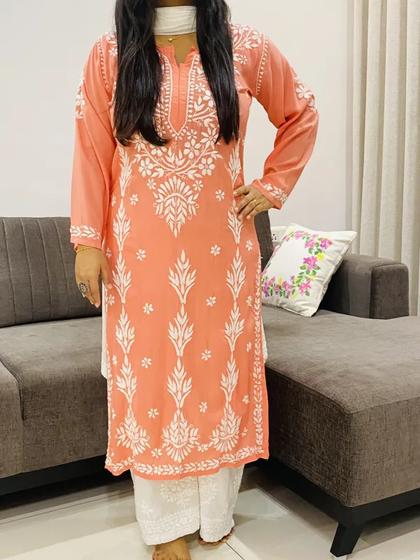 Peach Zareen Premium Modal Chikankari Solid Women's Long Kurta