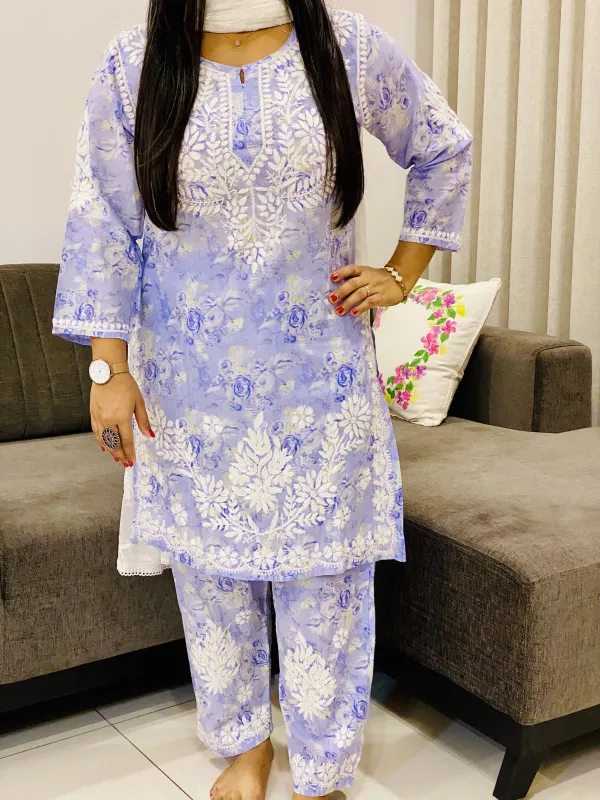 Mulmul Chikankari Hand Embroidered Floral Women's co-ord set