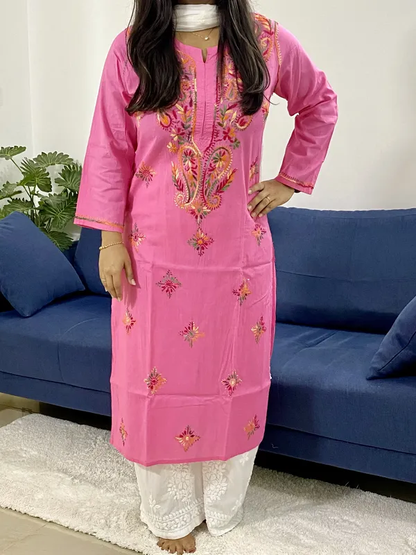 Cotton Chikankari Handwork Women's Solid Long Kurti