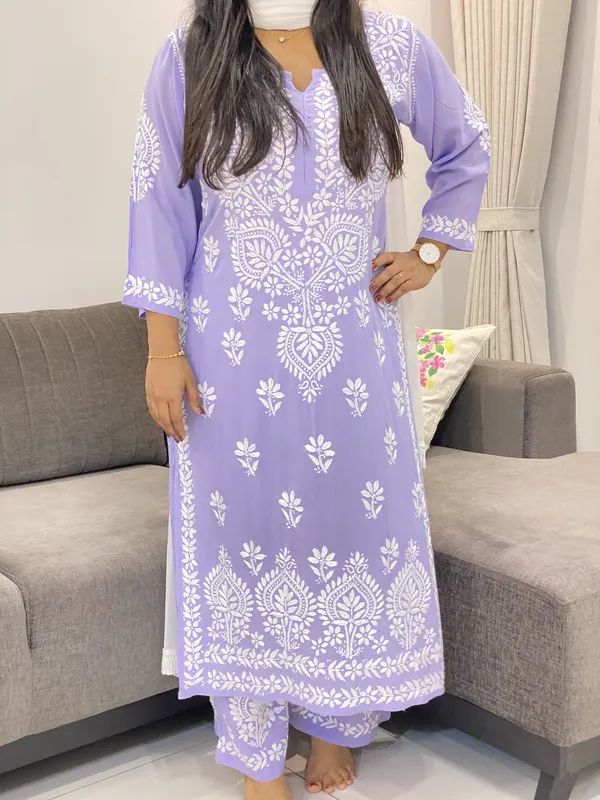 Premium Modal Chikankari Hand Embroidered Women's Solid Long Kurta Palazzo Set