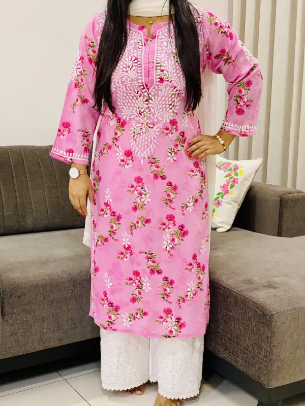 Mulmul Chikankari Hand Embroidered Floral Women's Long Kurta