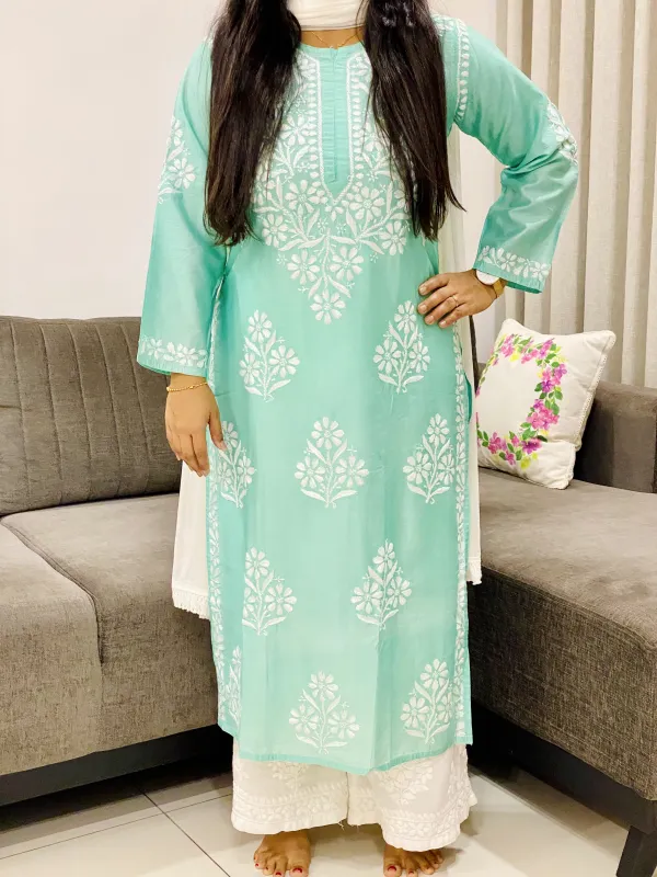 Premium Chanderi Chikankari Hand Embroidered Women's Solid Long Kurta