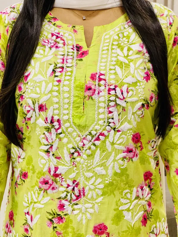 Mulmul Chikankari Hand Embroidered Floral Women's Long Kurta Palazzo Set