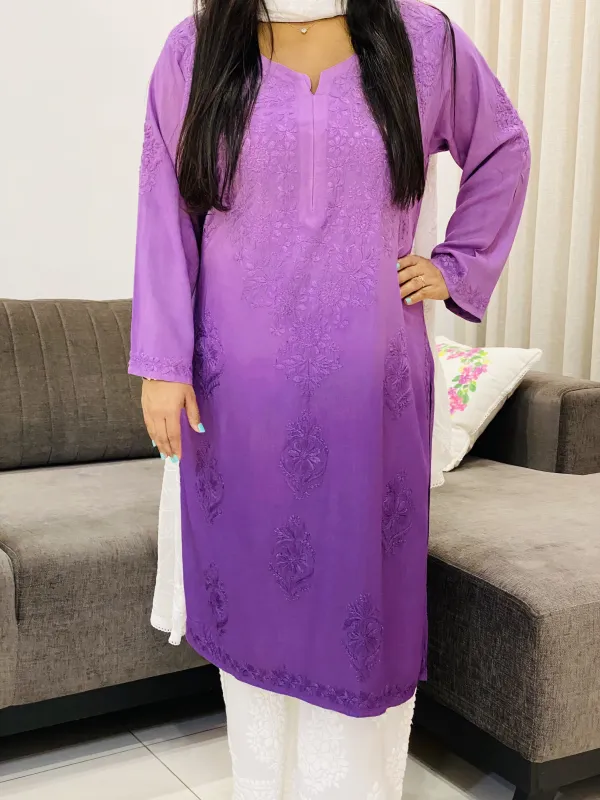 Lavender Hasti Rayon Ombre Shade Chikankari Hand Embroidered Women's Straight Kurta