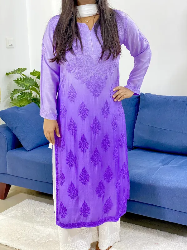 Muslin Silk Chikankari Handwork Ombre Women's Long Kurti