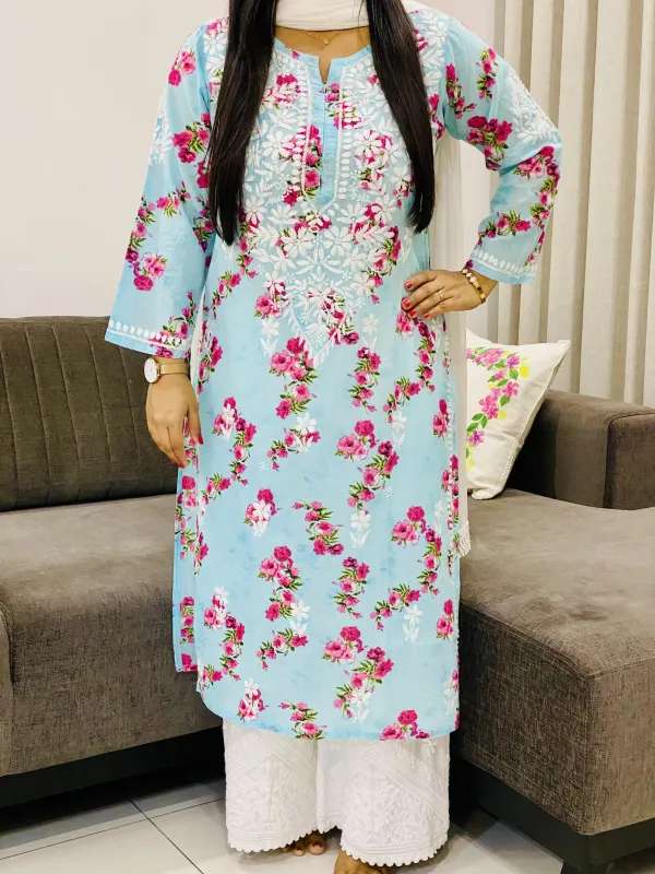 Mulmul Chikankari Hand Embroidered Floral Women's Long Kurta