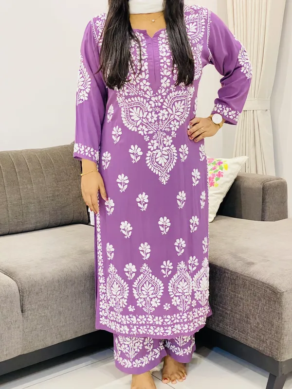 Mauve Opium Premium Modal Chikankari Hand Embroidered Women's Solid Long Kurta Palazzo Set