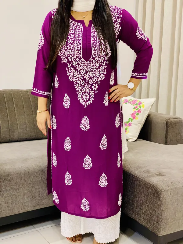 Premium Modal Chikankari Hand Embroidered Solid Women's Long Kurta