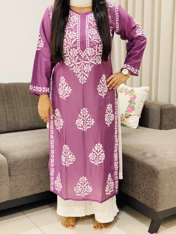 Premium Chanderi Chikankari Hand Embroidered Women's Solid Long Kurta