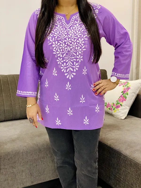 Cotton Chikankari Hand Embroidered Solid Women's Short Kurta