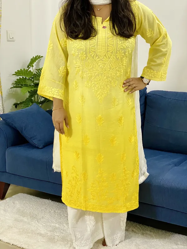 Chanderi Silk Chikankari Hand Embroidered Women's Solid Long Kurta