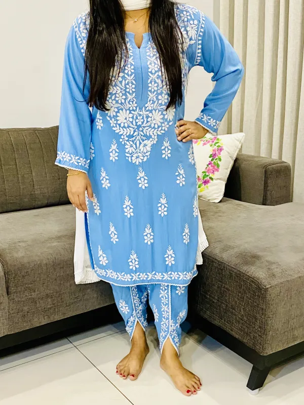 Powder Blue Sangria Premium Rayon Chikankari Hand Embroidered Solid Women's Kurta-Dhoti Set