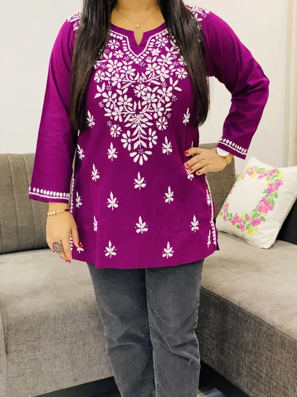 Cotton Chikankari Hand Embroidered Solid Women's Short Kurta