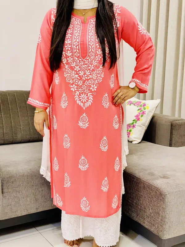 Peach Niya Premium Modal Chikankari Hand Embroidered Solid Women's Long Kurta