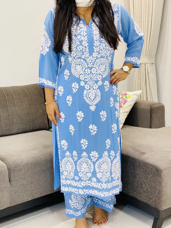 Premium Modal Chikankari Hand Embroidered Women's Solid Long Kurta Palazzo Set