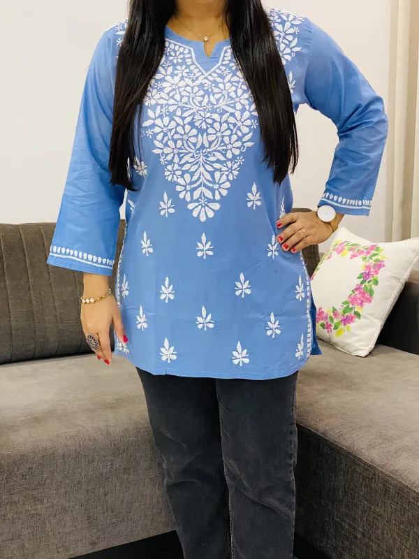 Cotton Chikankari Hand Embroidered Solid Women's Short Kurta
