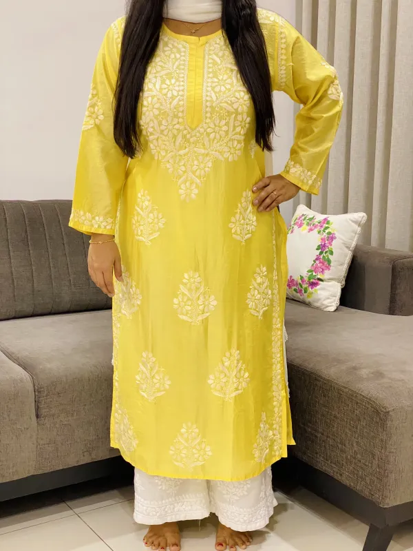 Premium Chanderi Chikankari Hand Embroidered Women's Solid Long Kurta