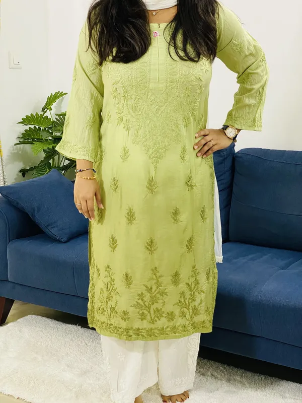 Mahendi Murraya Chanderi Silk Chikankari Hand Embroidered Women's Solid Long Kurta