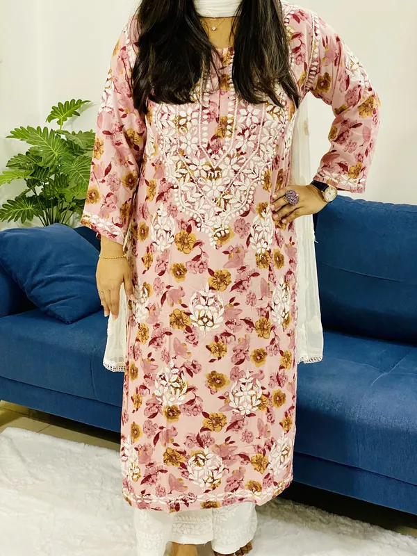 Rayon Chikankari Handwork Floral Women's Long kurta