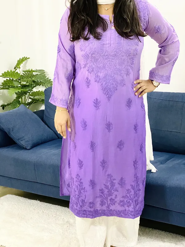 Chanderi Silk Chikankari Hand Embroidered Women's Solid Long Kurta