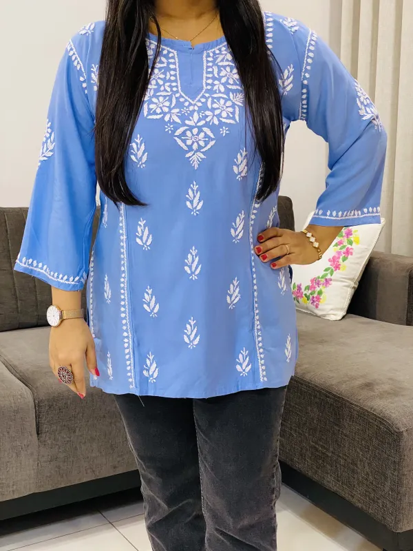 Rayon Chikankari Hand Embroidered Solid Women's Short Top