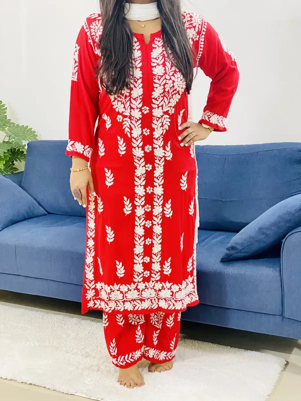 Red Anaisha Rayon Chikankari Hand Embroidered Women's Solid Kurta Palazzo Set