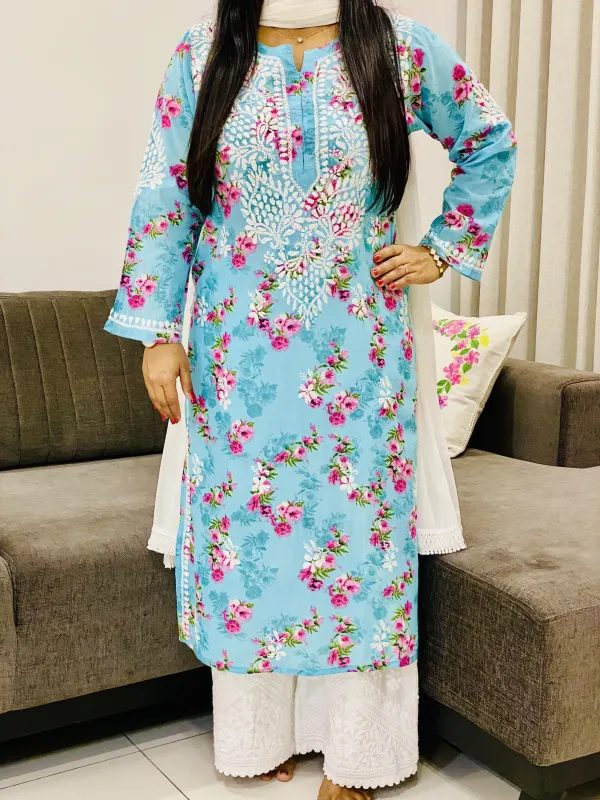 Mulmul Chikankari Hand Embroidered Floral Women's Long Kurta