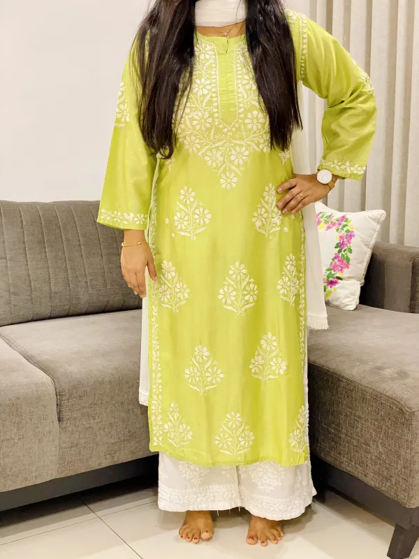 Premium Chanderi Chikankari Hand Embroidered Women's Solid Long Kurta