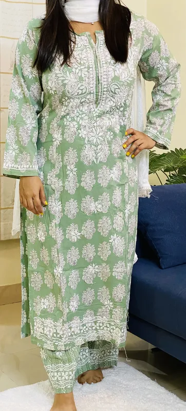 Pista Green Block Print Pista Green Cotton Chikankari Women's Kurta Plazzo Set